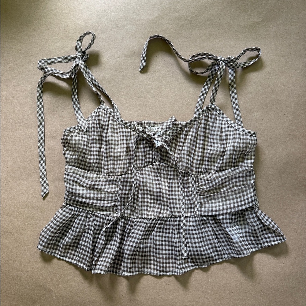 American Eagle Outfitters Black & White Gingham Tie-Shoulder Peplum Camisole